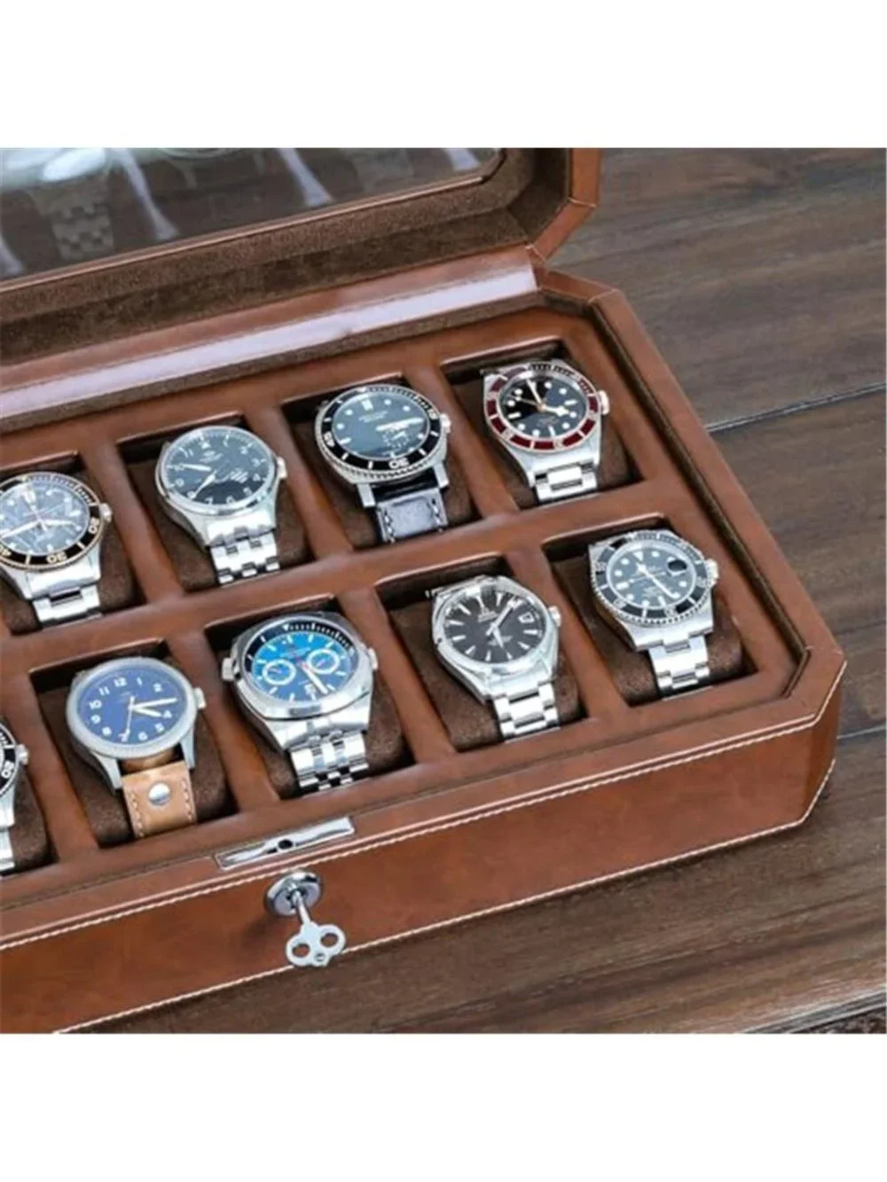 12 Slot Leather Watch Box - Luxury Watch Case Display Organizer